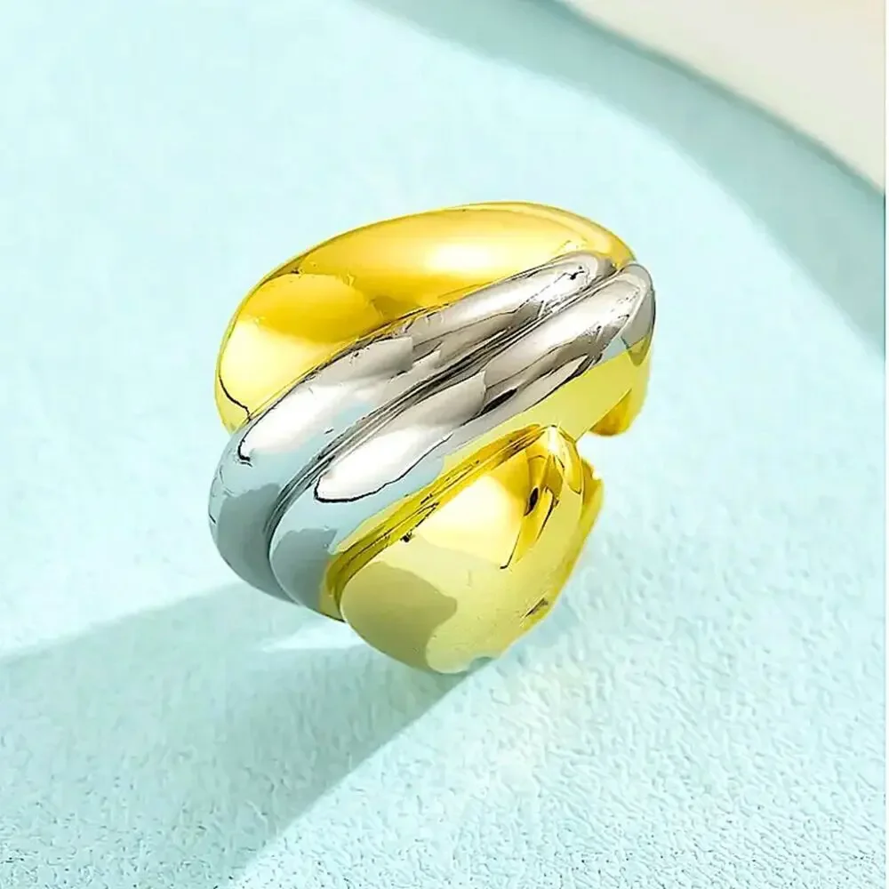 Stainless Steel Statement Ring, Boho Gold Silver Two Tone Exaggerated Big Large